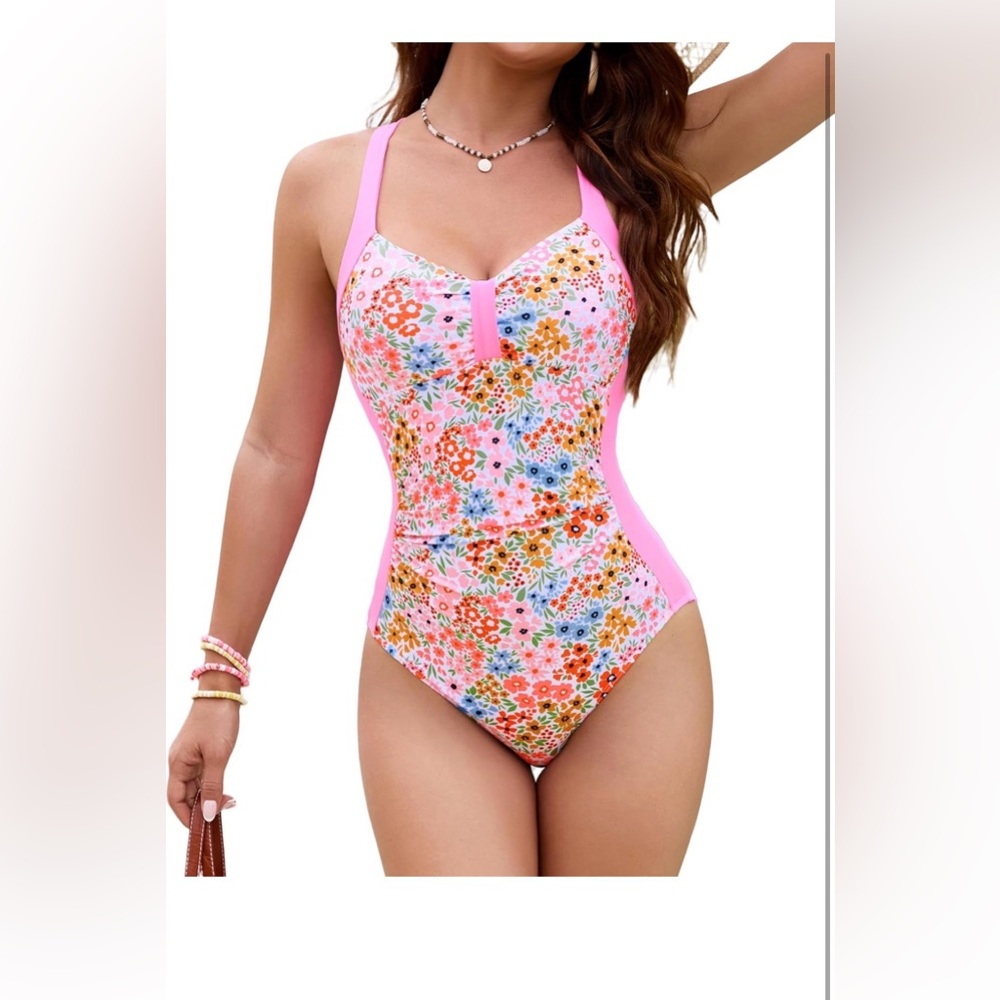 Floral Pink One Piece Swimsuit tummy control NWT Size XL
